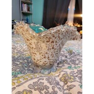 Vtg Venetian Art Layered Glass Vase Murano Italy Gold Spots Teal Turquoise